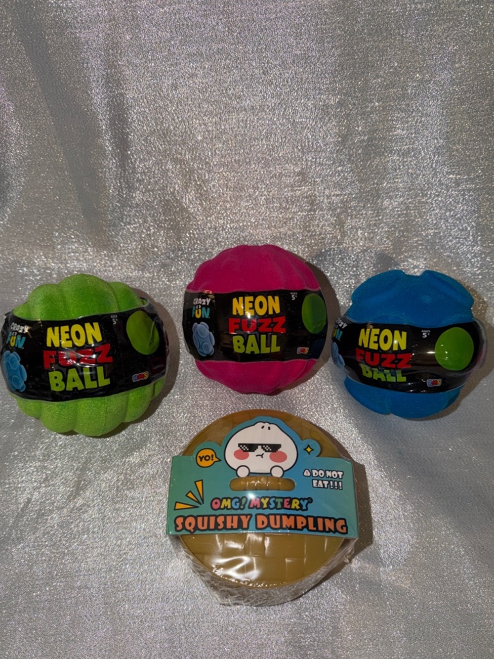 Crazy Fun Fuzz Balls In Green, Pink & Blue With Omg Squishy Dumpling